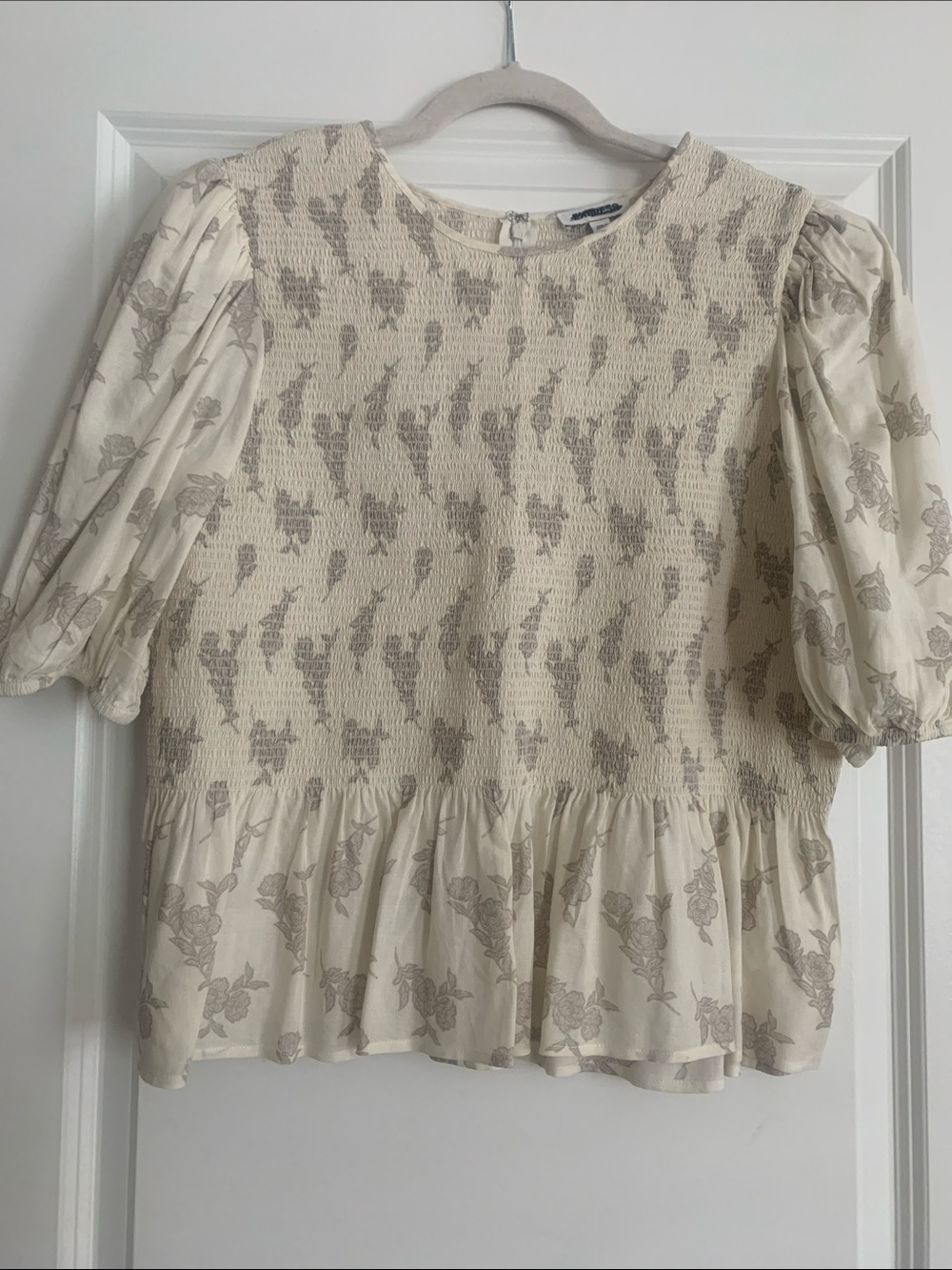 Express Cream Floral Smocked Peplum Top